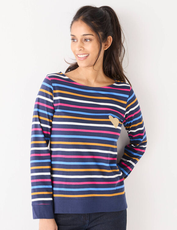 T-shirt marinière rayé manches longues, brodé "cœur" doré (marine / multicolore) T-shirt marinière rayé manches longues, brodé "cœur" doré (marine / multicolore)